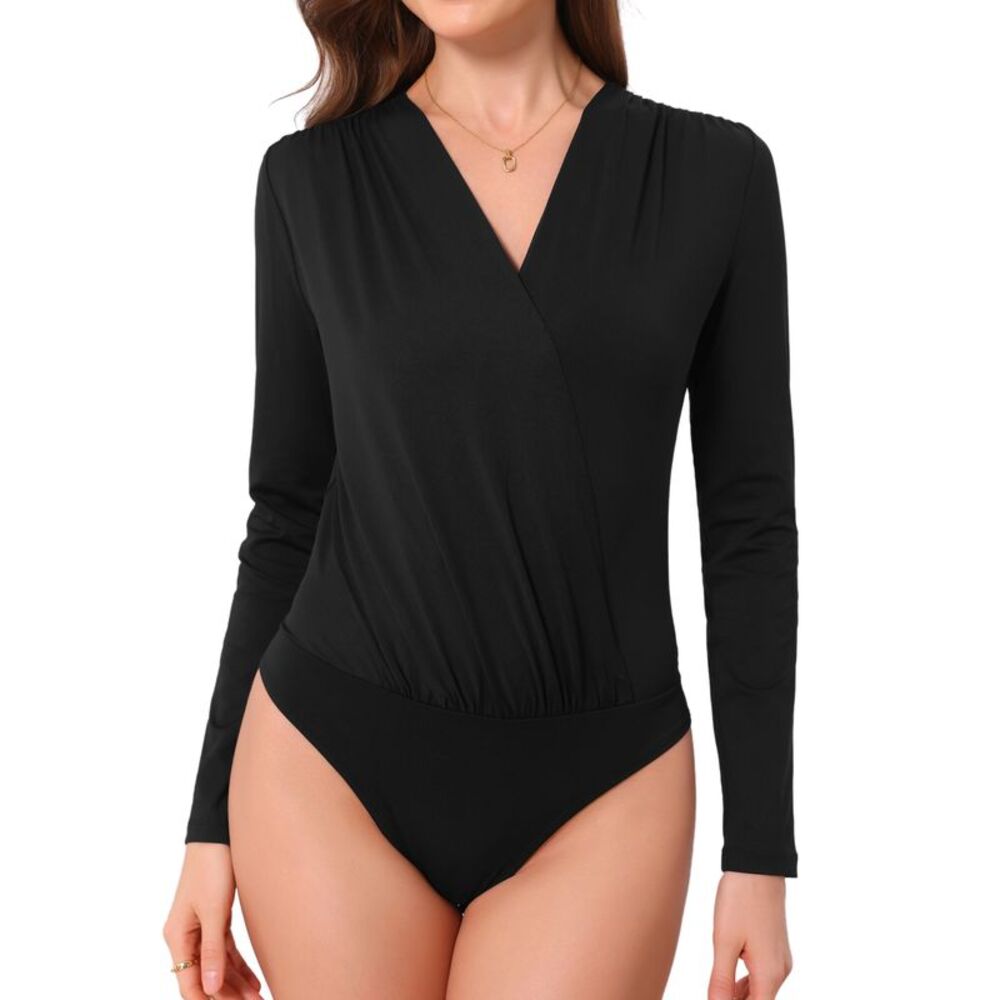 Women V Neck Dress Shirt Business Long Sleeve Body Suits Wrap Top Black